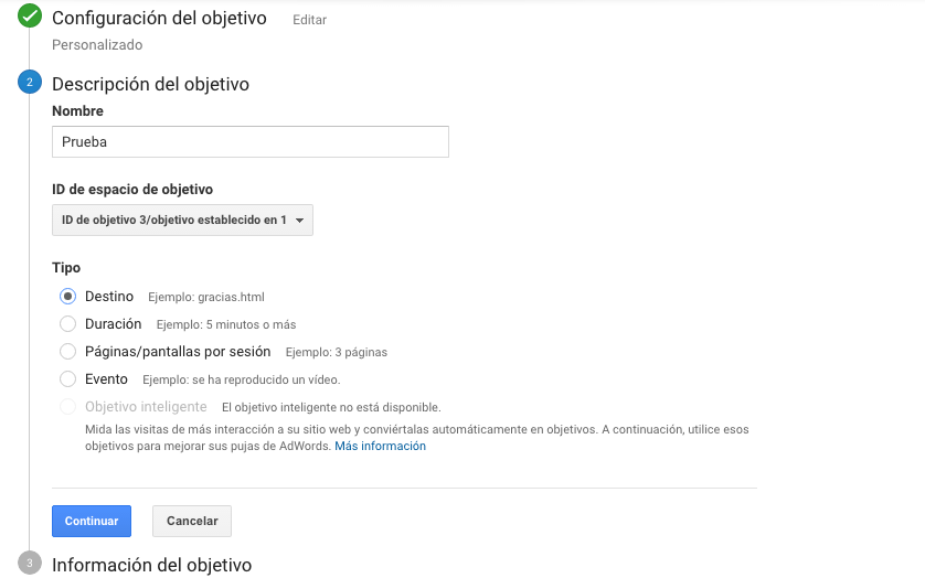 configuración del objetivo en Google Analytics Las métricas básicas de Google Analytics para analizar tu blog - configuración del objetivo en Google Analytics