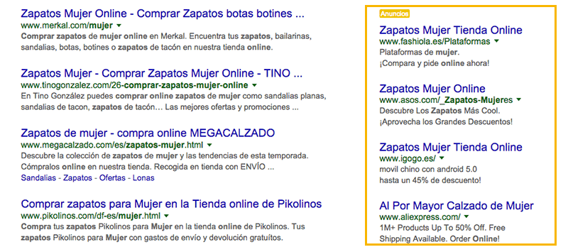 Anuncios de Google Adwords en SERP anuncios adwords comprar zapatos mujer online