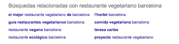 Buscar palabras clave en búsquedas relacionadas Google Cómo buscar palabras clave para tu blog - Búsquedas relacionadas Google - restaurante vegetariano Barcelona