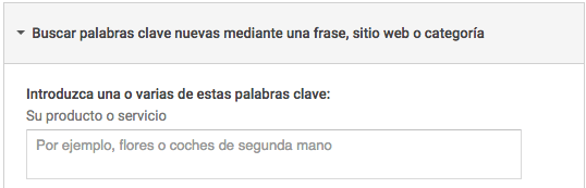 Buscar palabras clave nuevas mediante una frase, sitio web o categoría Planificador de Palabras Clave - buscar palabras clave para tu blog