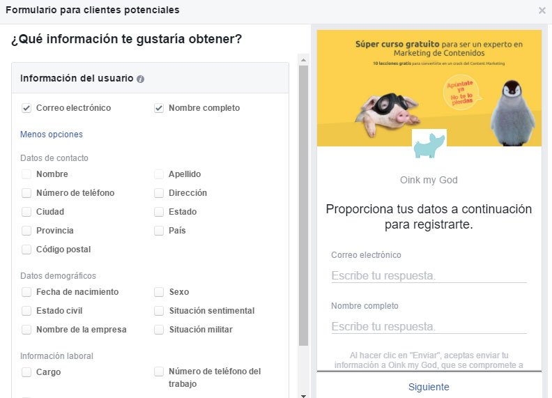 Campaña de Facebook Lead Ads. Ejemplo formulario para clientes potenciales Campaña de Facebook Lead Ads. Ejemplo formulario para clientes potenciales