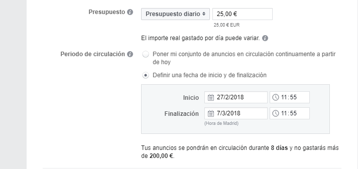 Periodo de circulación de la campaña de Facebook Ads