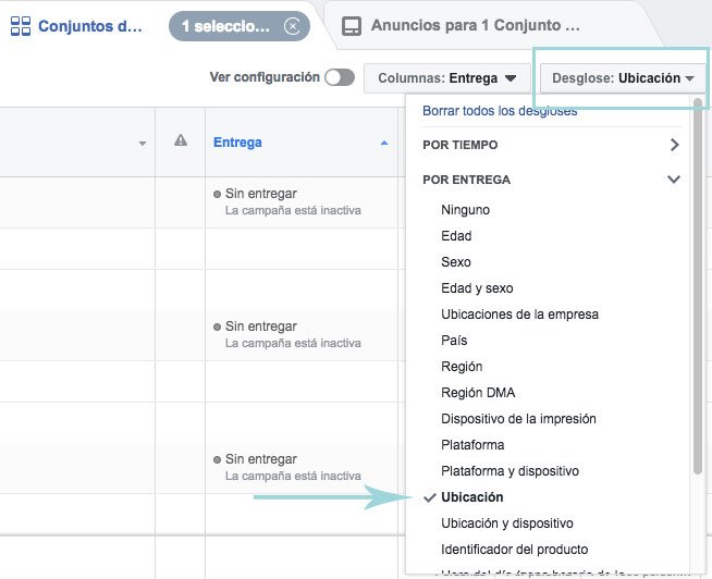 columna desglose por ubicacion de facebook ads