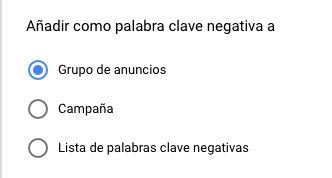añadir palabra clave negativa
