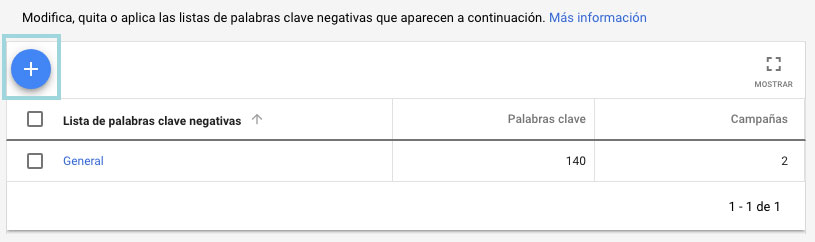 crear lista de palabras clave negativas