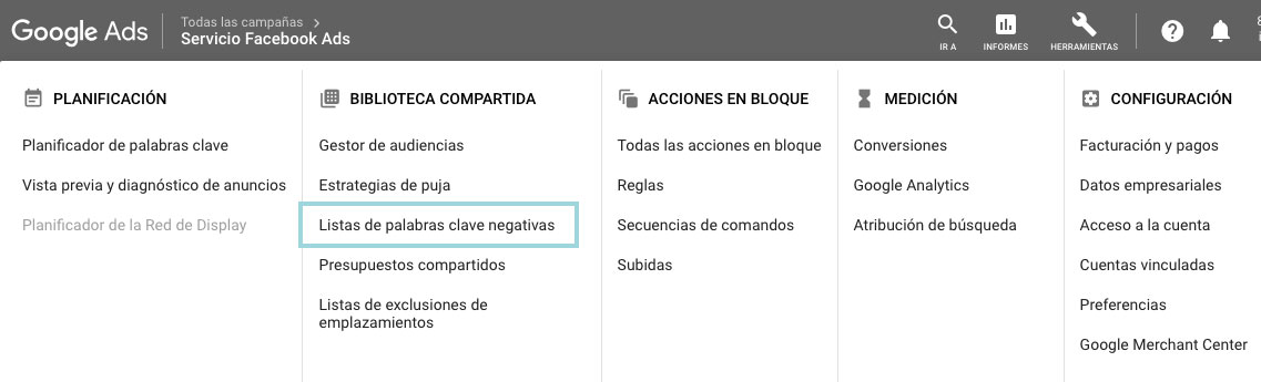 menu lista de palabas clave negativas en google ads