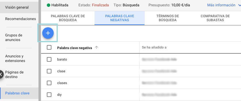 añadir palabras clave negativas de Google Ads