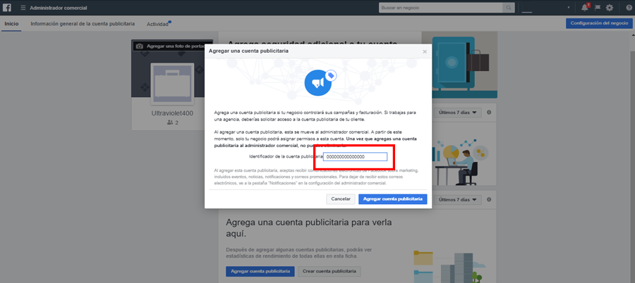 facebook business manager agregar cuenta publicitaria