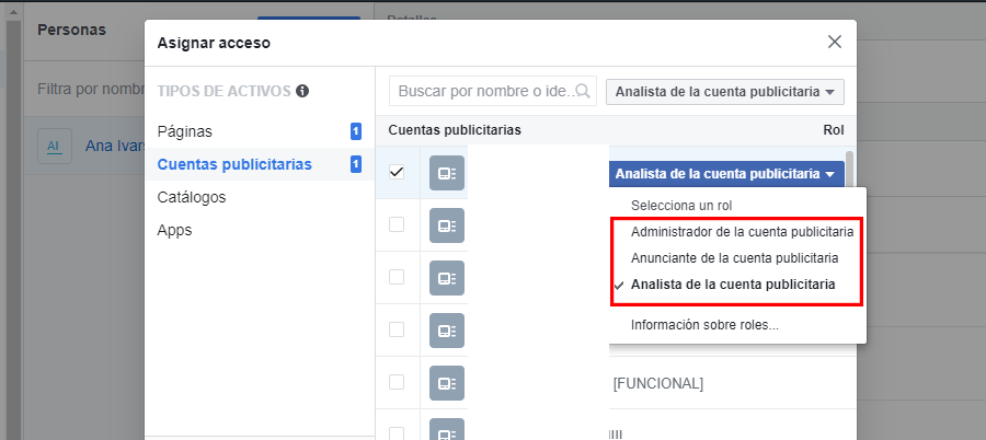 facebook business manager roles cuenta publicitaria