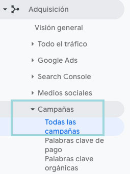google analytics adquisicion campañas todas las campañas