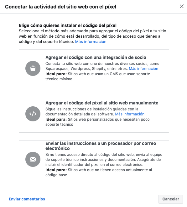 formas de instalar el codigo del pixel