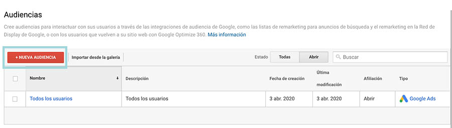 google analytics crear audiencia