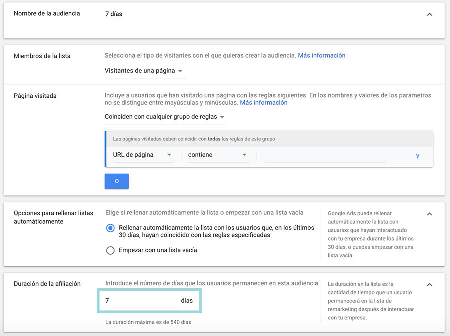 lista remarketing 7 dias google ads