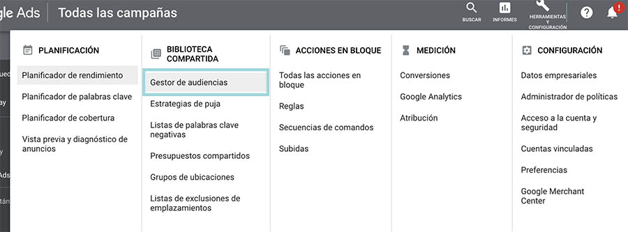 menú gestor audiencias google ads menú gestor audiencias google ads