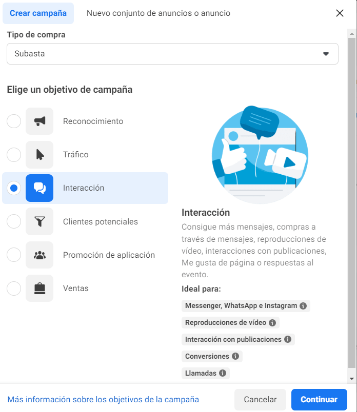 interaccion objetivo meta ads