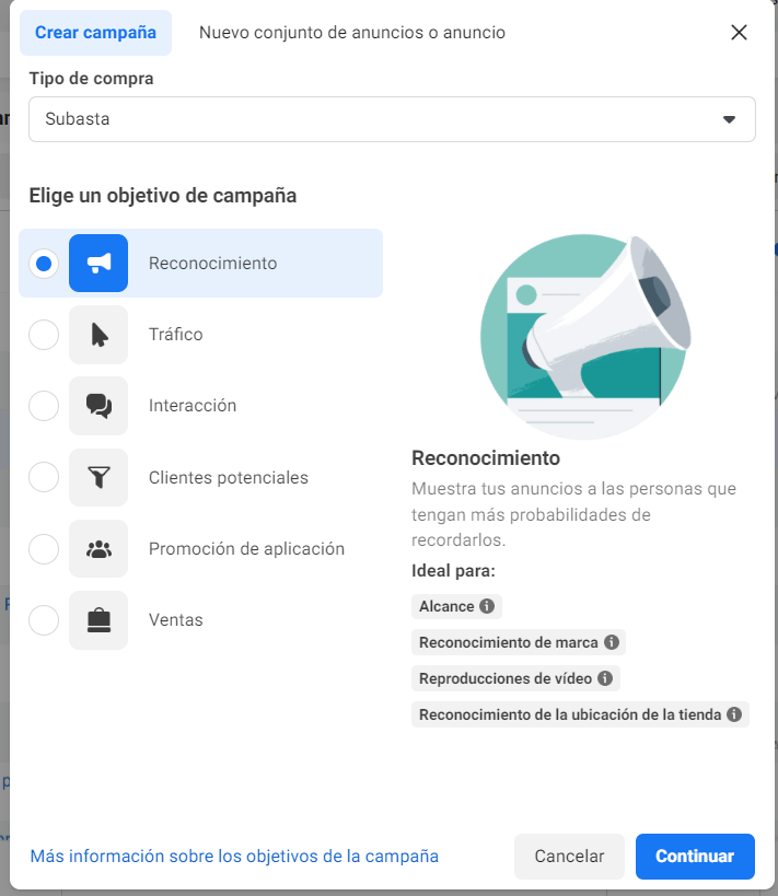reconocimiento objetivo meta ads