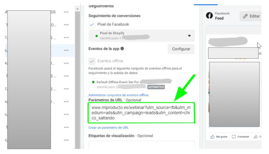anuncio facebook ads con url parametros utm
