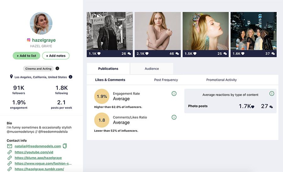 ejemplo tarjeta instagram influencers heepsy