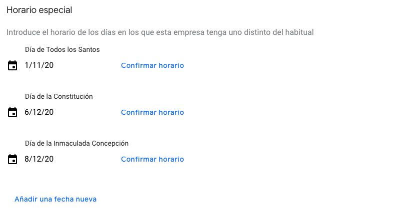 google my business horario especial