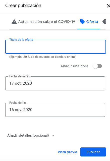 google my business crear oferta