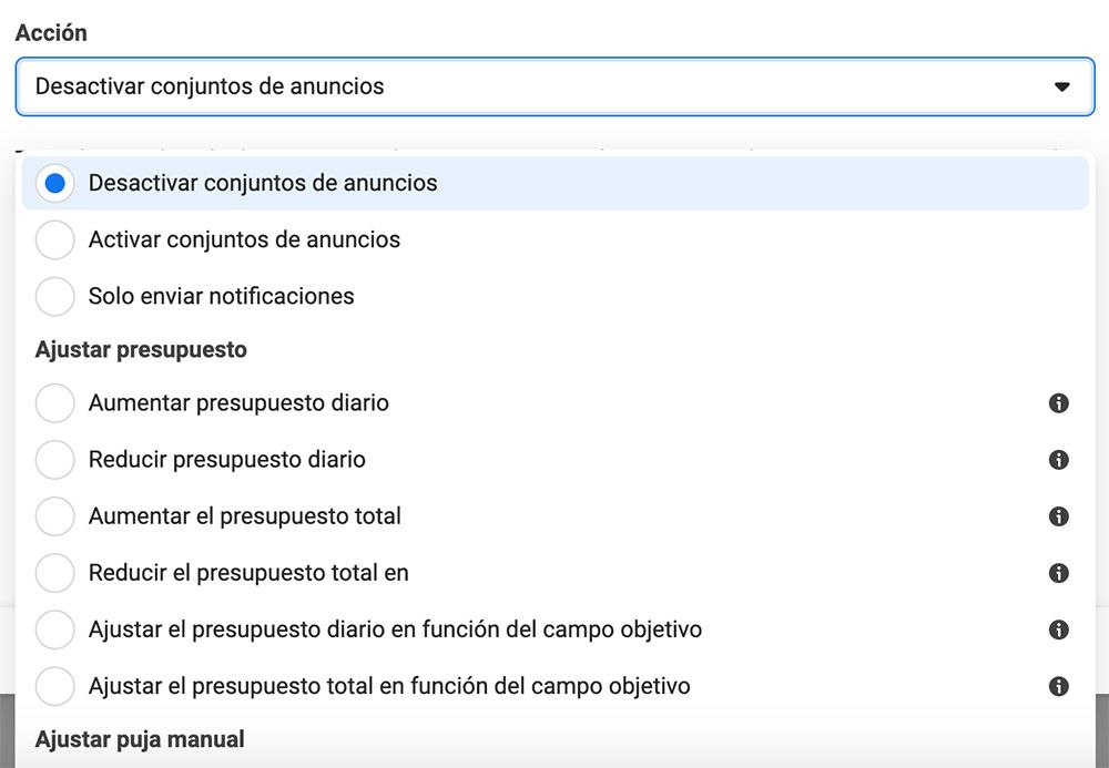 reglas automatizadas de Facebook Ads campo acción