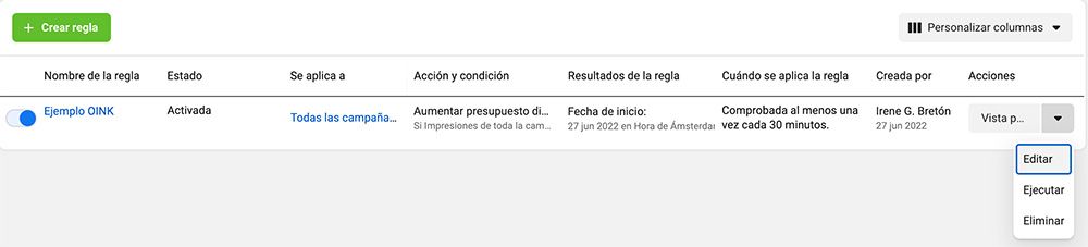 administrar reglas automatizadas de Facebook Ads