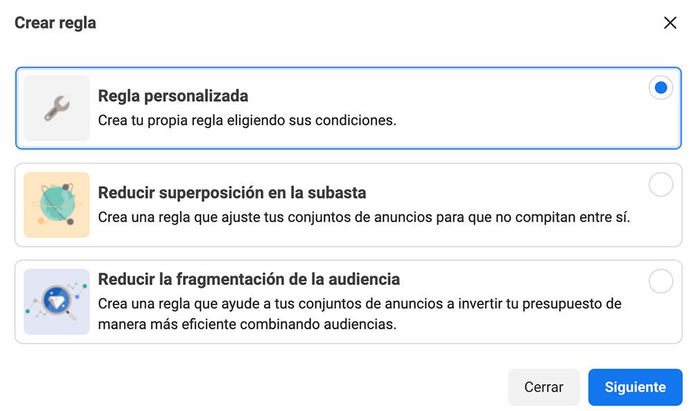 crear regla personalizada facebook ads