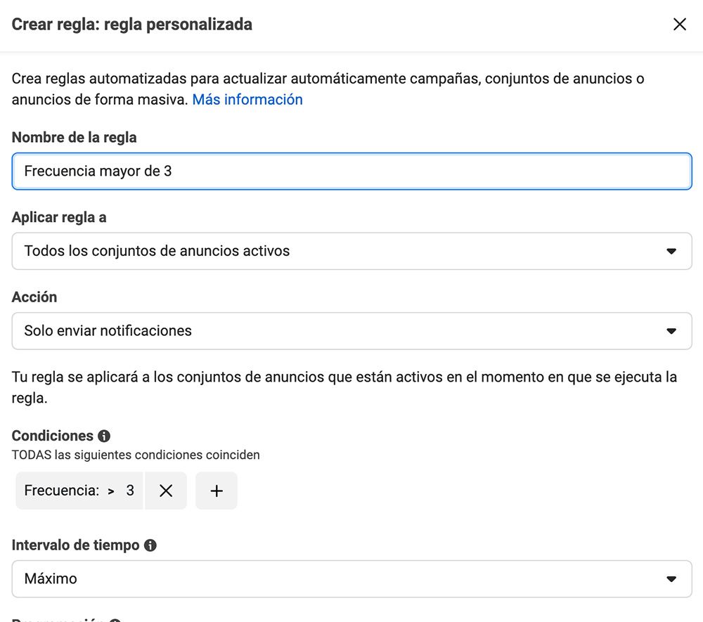 ejemplo reglas automatizadas de Facebook Ads frecuencia