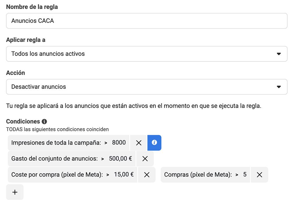 ejemplo reglas automatizadas rendimiento anuncios