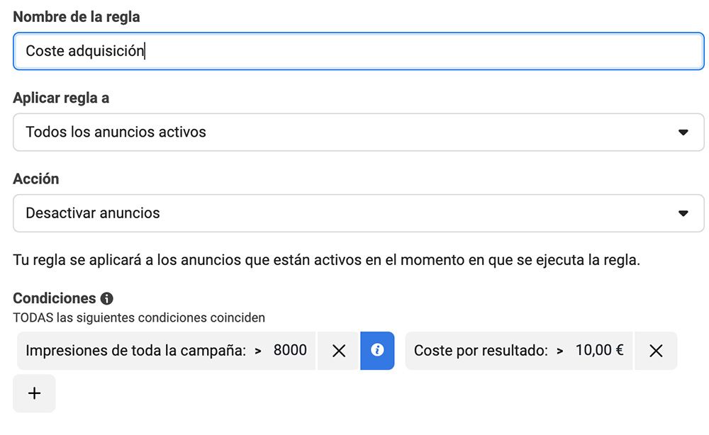 ejemplo reglas automatizadas de Facebook Ads rendimiento