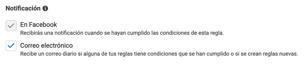 reglas automatizadas de Facebook Ads notificación
