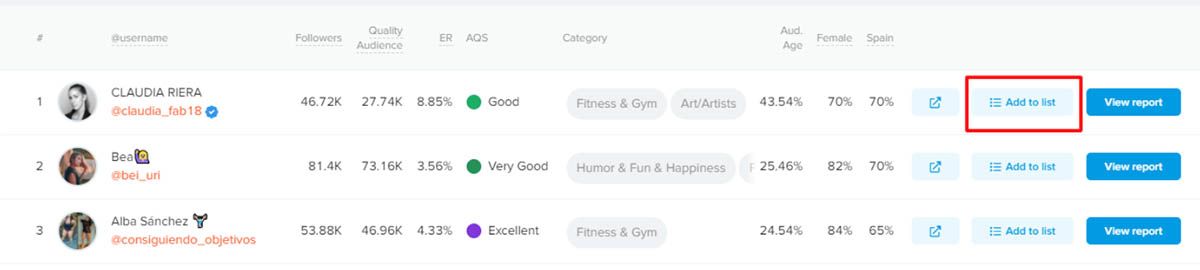 HypeAuditor añadir lista influencer