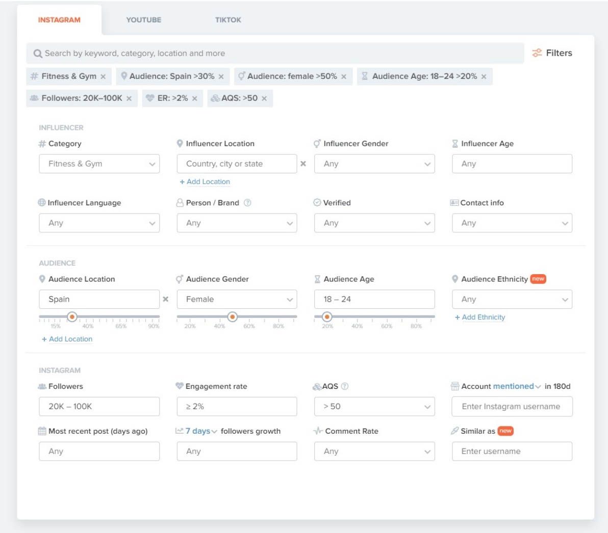 HypeAuditor filtros busqueda