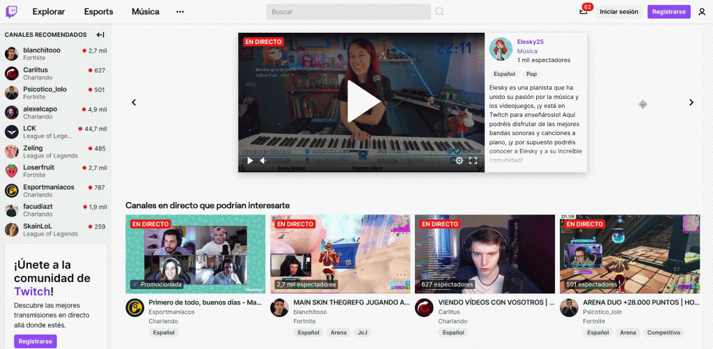 Página principal de Twitch