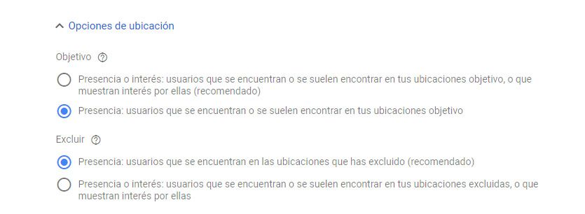 opciones ubicacion display google ads