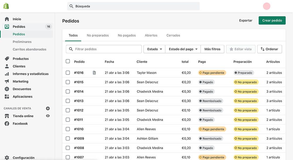 pedidos shopify