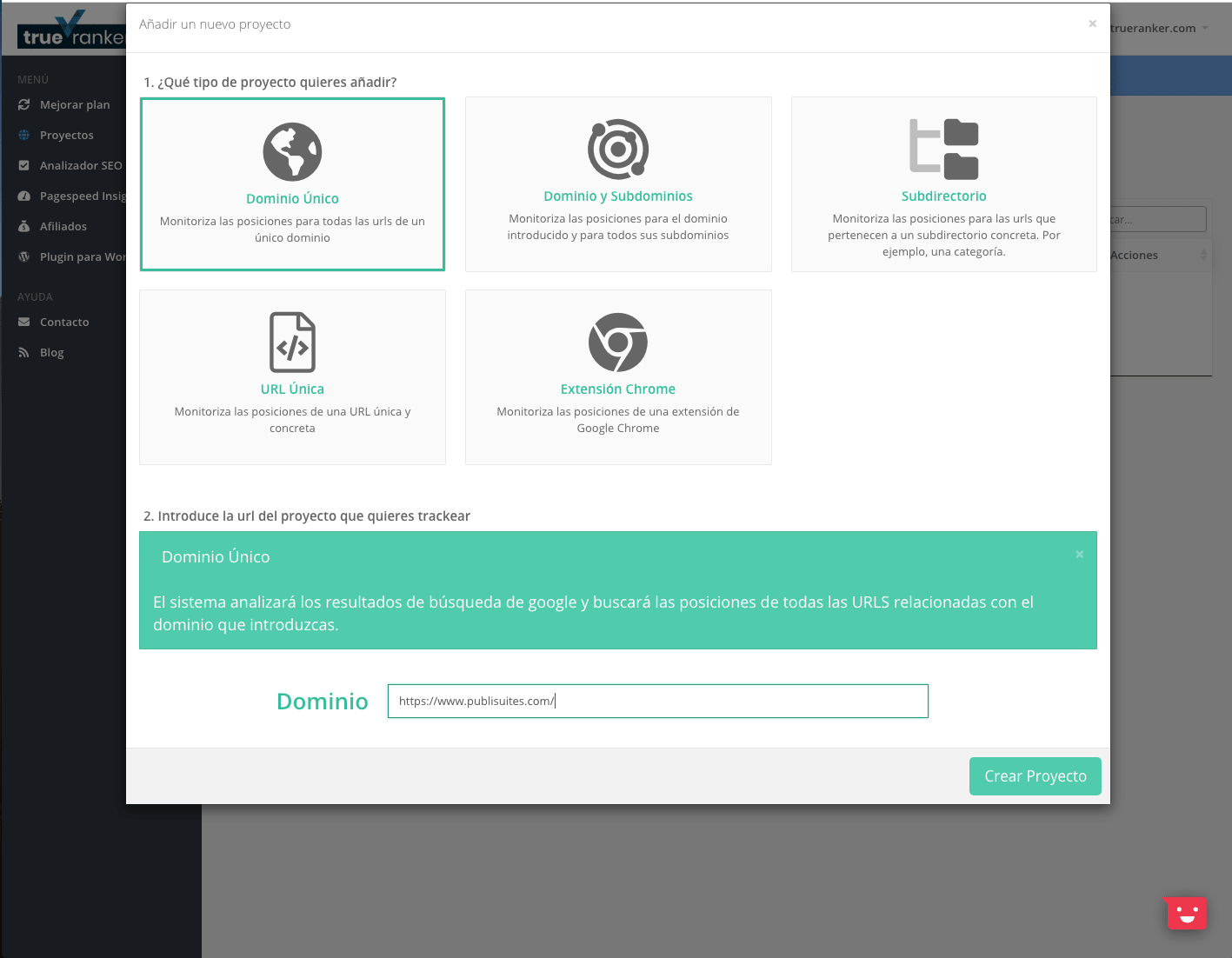 tipo proyecto TrueRanker SEO