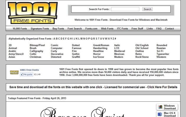 Banco de tipografía 1001 Free Fonts landpage