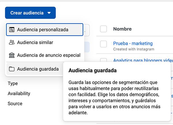 crear audiencia guardada facebook ads