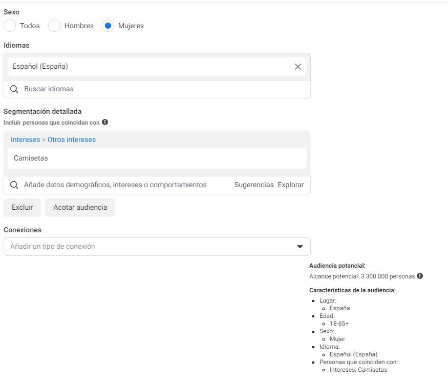 intereses camiseta audiencia guardada facebook ads