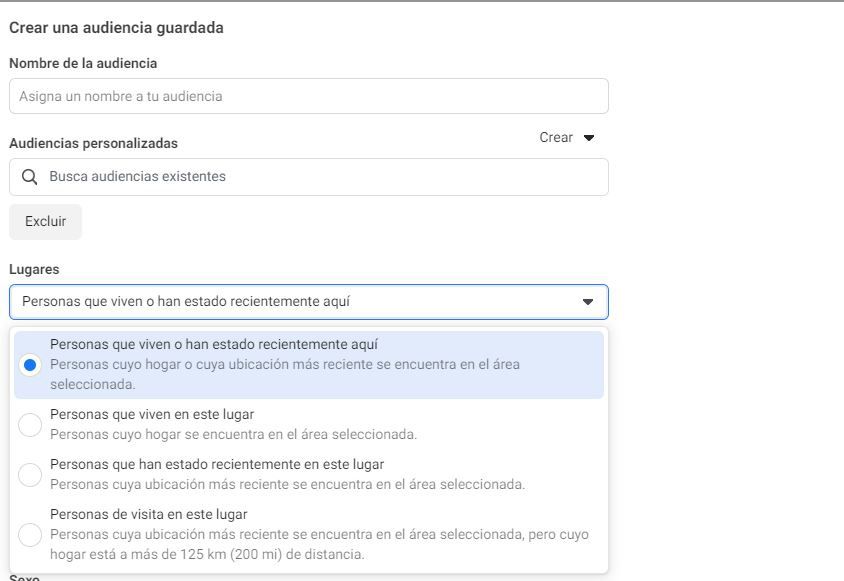lugares audiencia guardada facebook ads