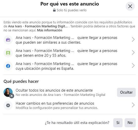 por que ves este anuncio facebook ads