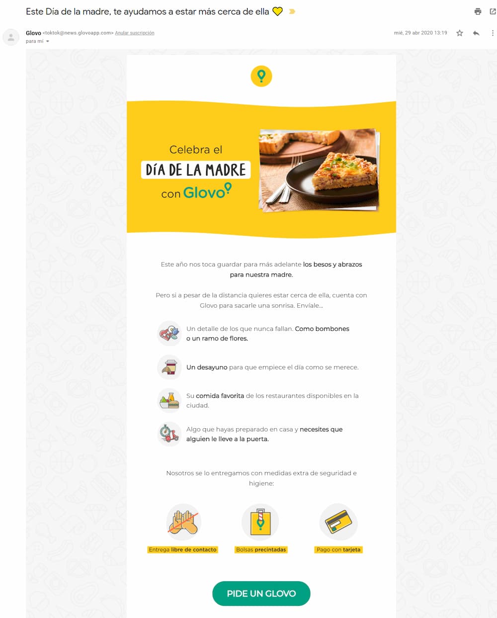 ideas para email marketing ejemplo glovo dia de la madre