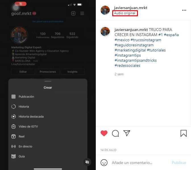 trucos instagram reels audio original