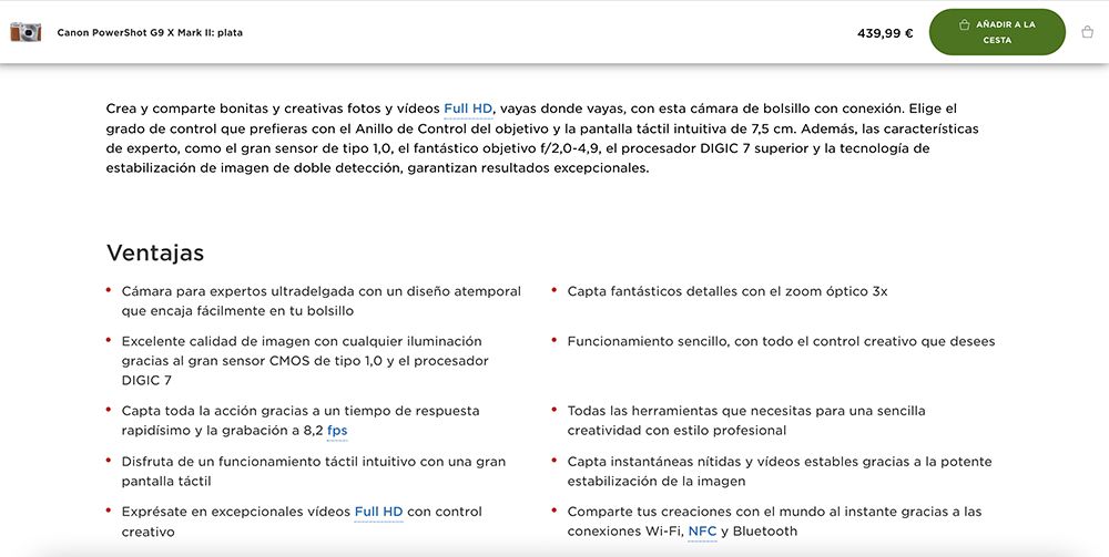 ejemplo ficha de producto Canon