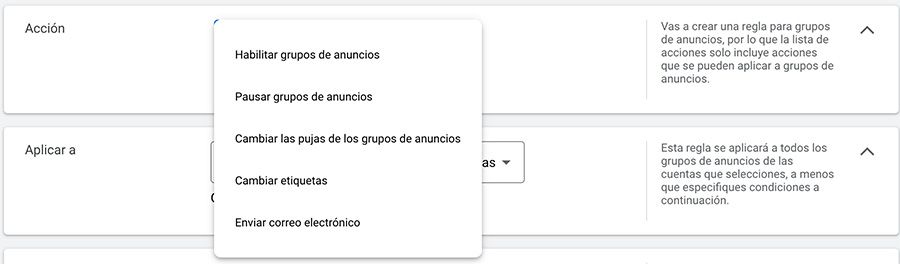 acciones disponibles reglas automatizadas