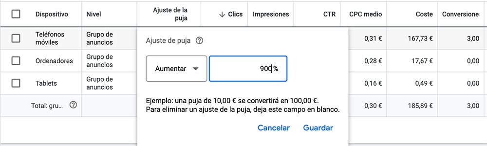 ejemplo ajustes de puja google ads dispositivos ajustes de puja google ads 900 dispositivos