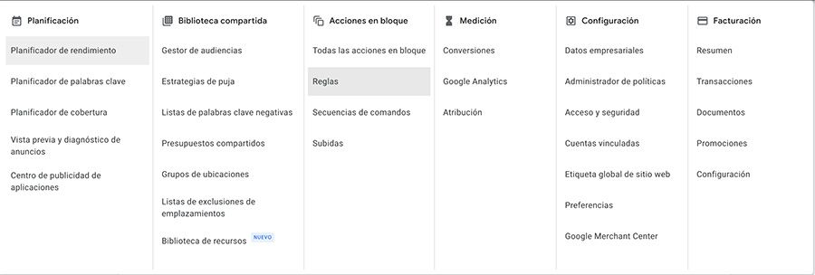 menú principal google ads