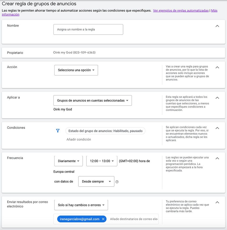 pantalla crear regla automatizada