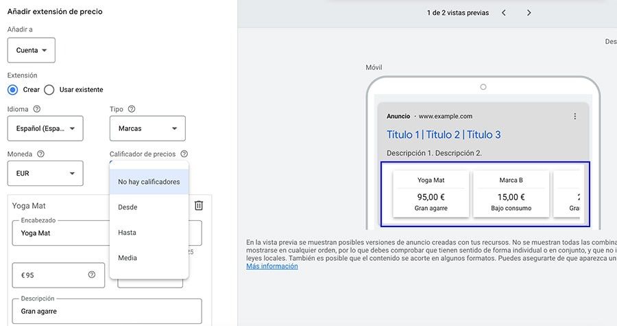 como crear extensiones de precios
